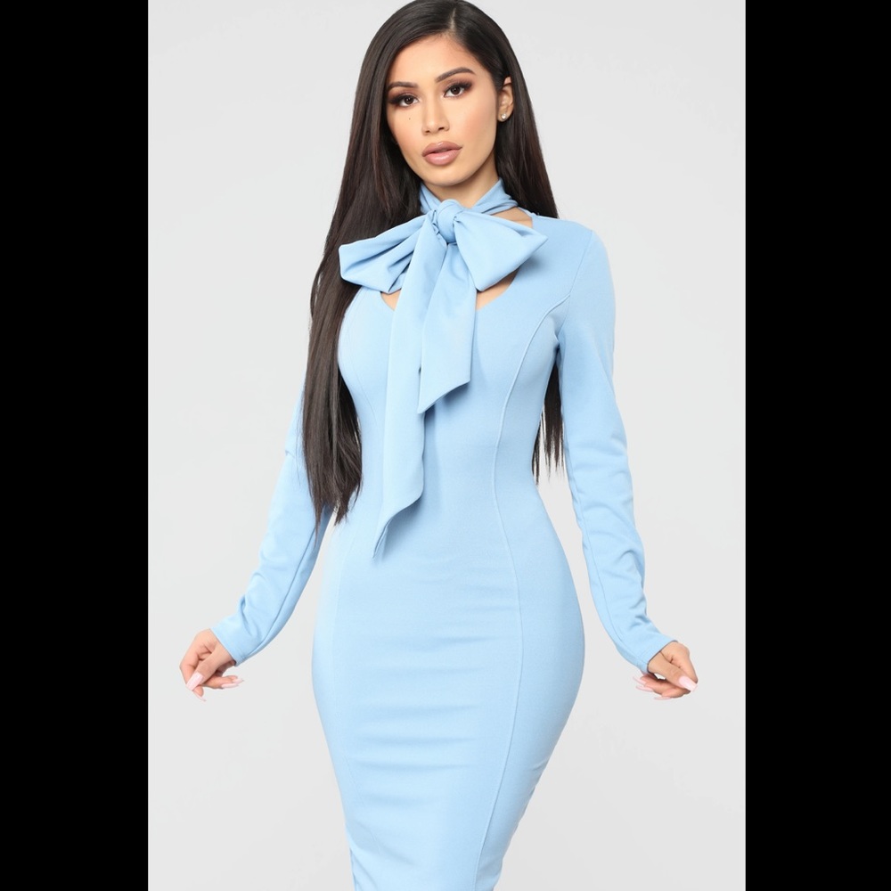 Just The Way I Am Light Blue Midi Bow Tie Dress